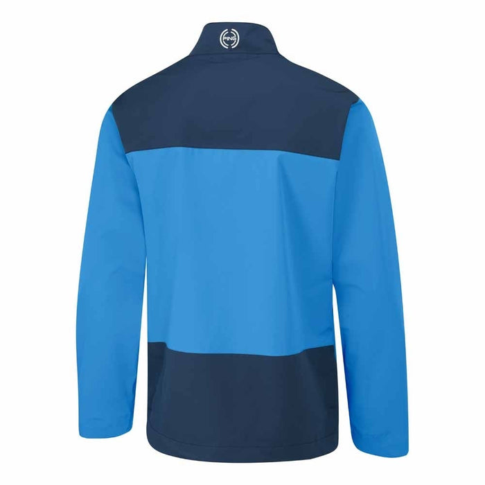 Back view of the PING AquaDrive men's waterproof golf jacket in blue and navy with a high collar and logo detail.