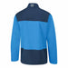 Back view of the PING AquaDrive men's waterproof golf jacket in blue and navy with a high collar and logo detail.