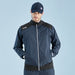 Front view of a navy and black PING AquaDrive waterproof golf jacket with a full-length zip and high collar.