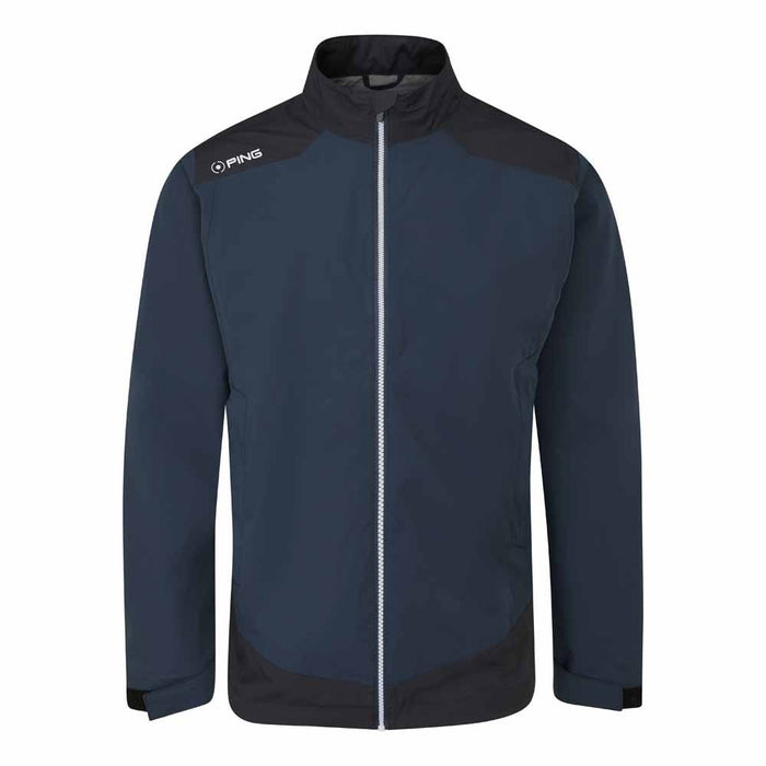 PING AquaDrive men's waterproof golf jacket in Oxford blue and black, front view with full-zip design.