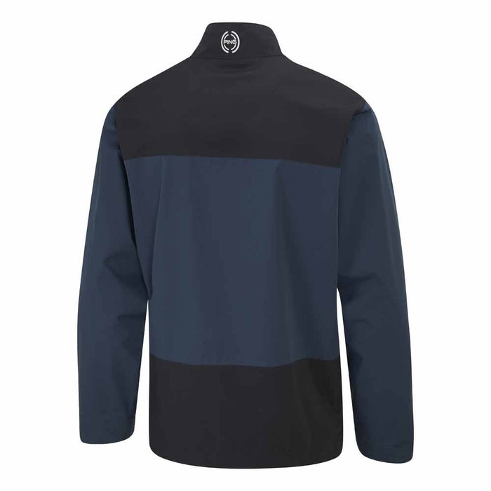 Back view of a PING AquaDrive men's waterproof golf jacket in navy and black with a high collar and logo detail.