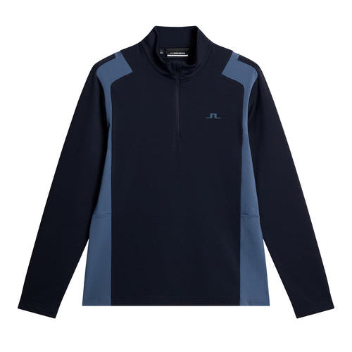 Navy and indigo long-sleeve pullover with a brand logo on a white background