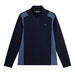 Navy and indigo long-sleeve pullover with a brand logo on a white background
