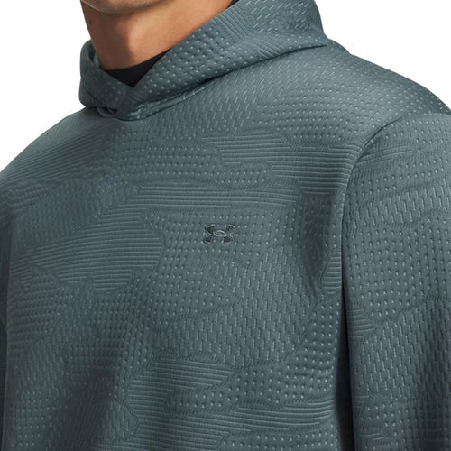 Under armour drive midlayer jacquard hoodie in Jasper Blue - close up on model