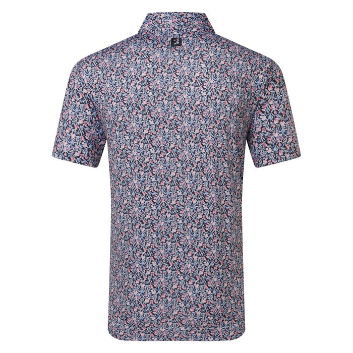 FootJoy Meadow Print Lisle Golf Polo Shirt  in black, purple and pink back view