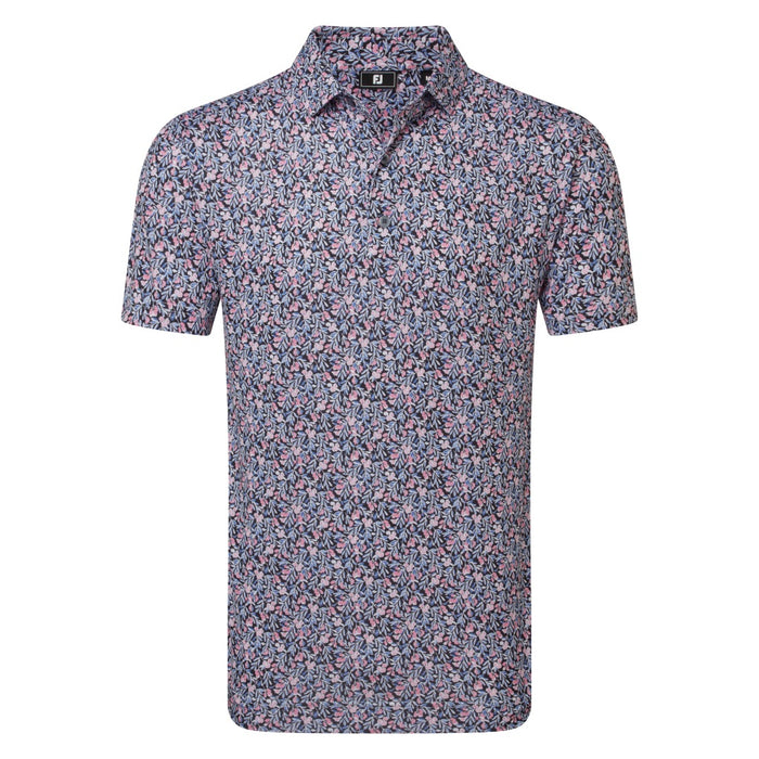 FootJoy Meadow Print Lisle Golf Polo Shirt  in black, purple and pink front view