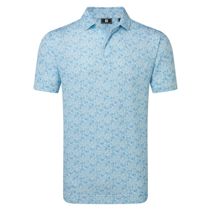 FootJoy Meadow Print Lisle Golf Polo Shirt  in light blue and light green front view