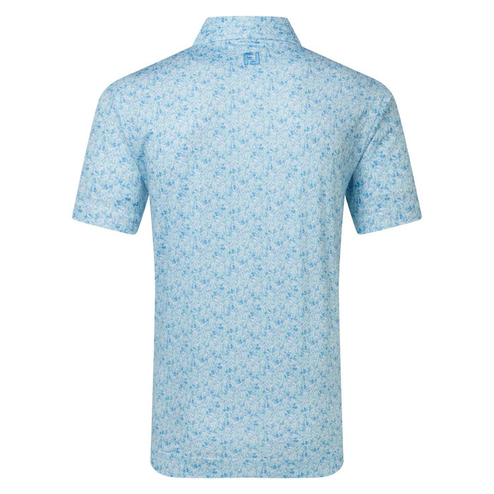 FootJoy Meadow Print Lisle Golf Polo Shirt  in light blue and green back view