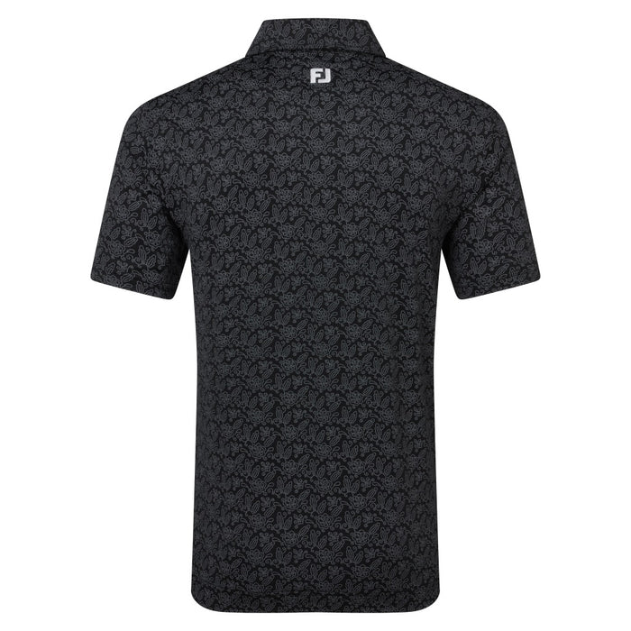 FootJoy Wingtip Floral Lisle Golf Polo Shirt  in black and white back view
