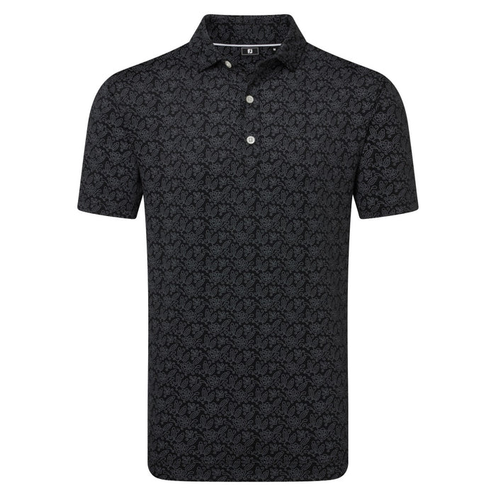 FootJoy Wingtip Floral Lisle Golf Polo Shirt in black and white front view
