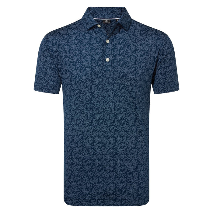 FootJoy Wingtip Floral Lisle Golf Polo Shirt navy and white front view