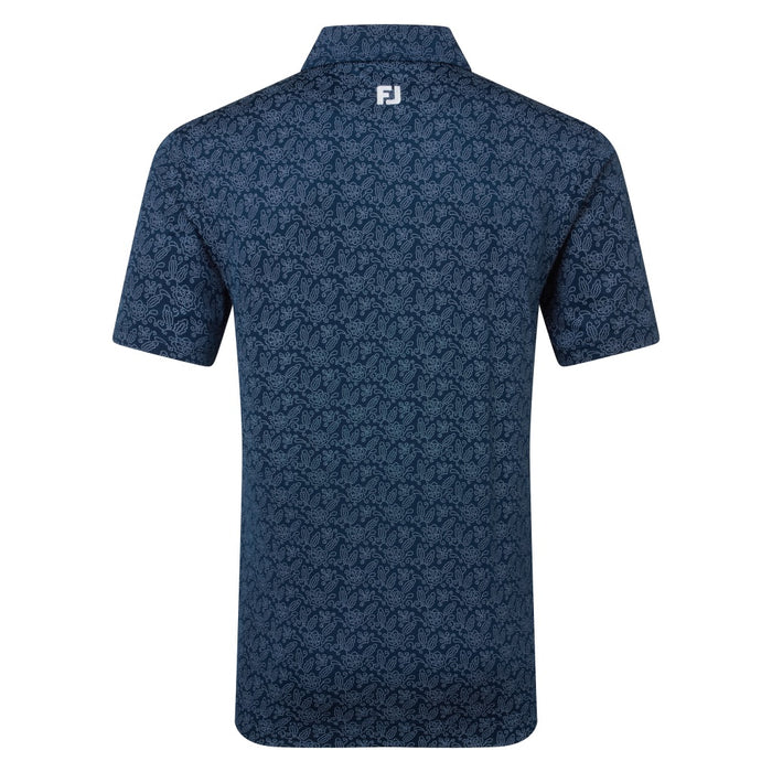 FootJoy Wingtip Floral Lisle Golf Polo Shirt in navy and white front view
