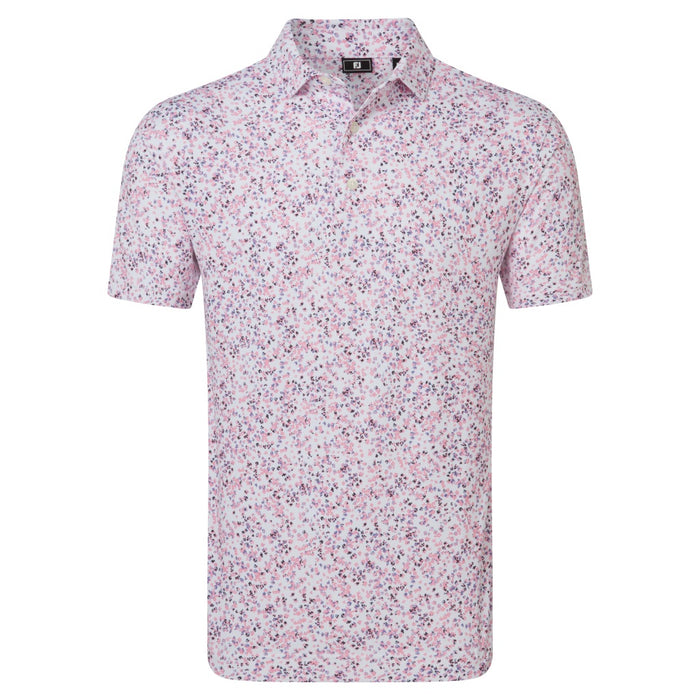 FootJoy Watercolour Floral Print Pique Golf Polo Shirt white pink and black front view