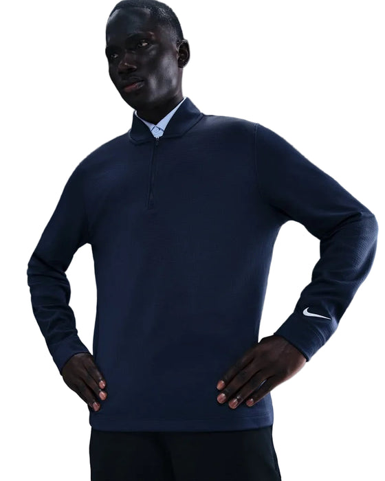 Nike Velocity ThermaFit Golf Half Zip Sweatshirt in navy, front view of the model