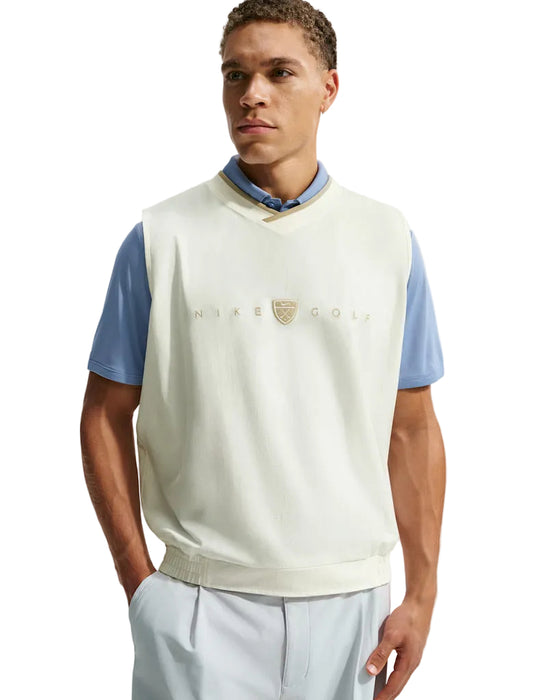 Nike Fairway Fresh Oversized Golf Wind Vest (2026) in beige white on front of the model