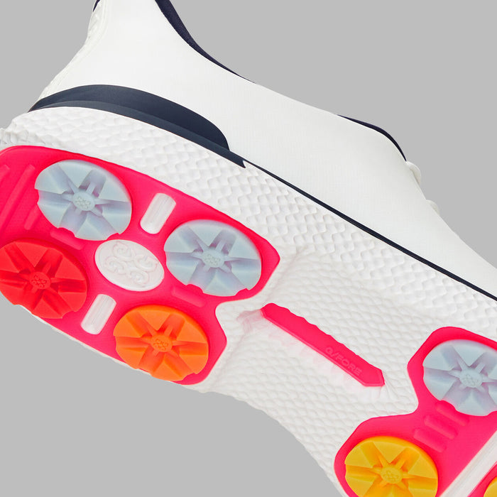 G/FORE Gallivan2R Spikeless Golf Shoes in white and navy, view of sole system