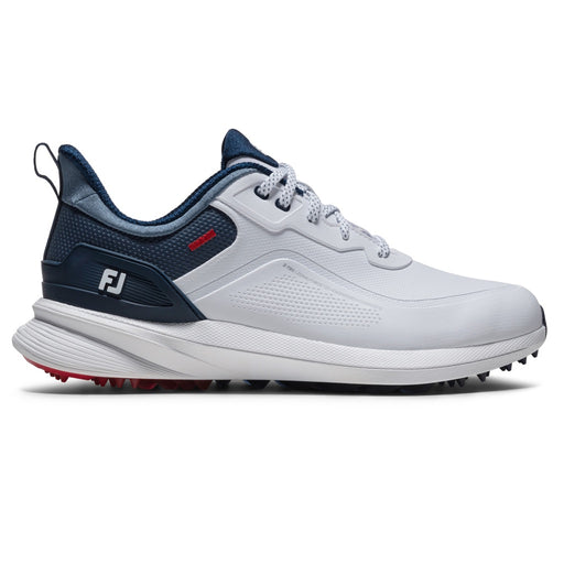 FootJoy PRO/SL Spikeless Golf Shoes 2026 in white navy red, side view of right foot