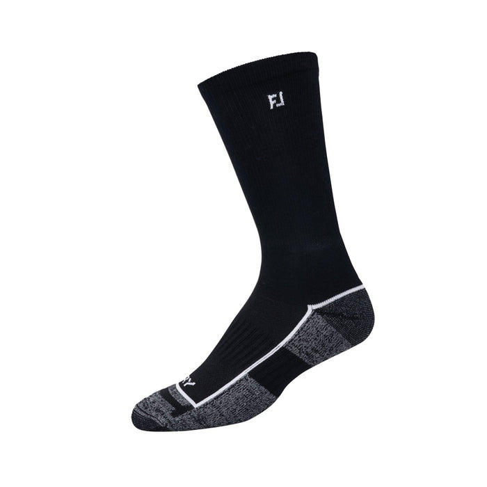 FootJoy ProDry Crew Golf Socks in black, FJ logo clearly seen on ankle. 