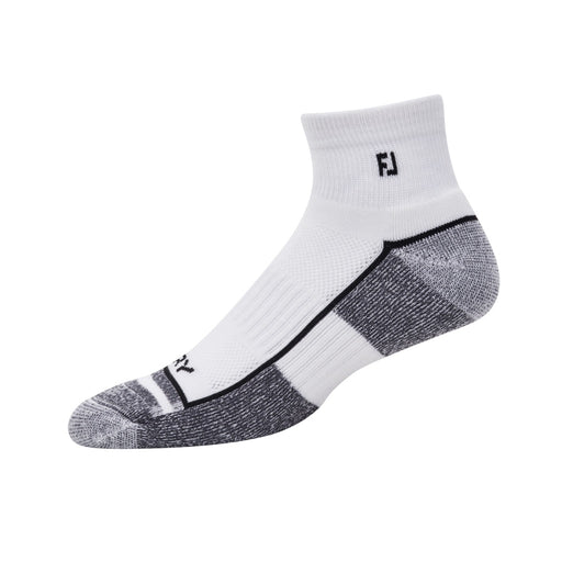 FootJoy ProDry Quarter Golf Socks in white, showing the FJ logo at ankle height with black accents on sole