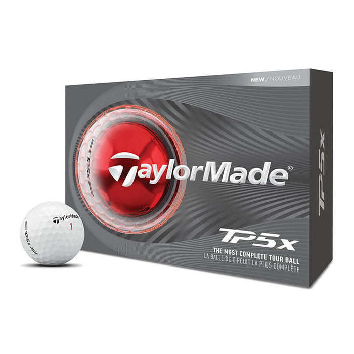 2026 TaylorMade TP5x golf ball packaging with a golf ball in front on a white background