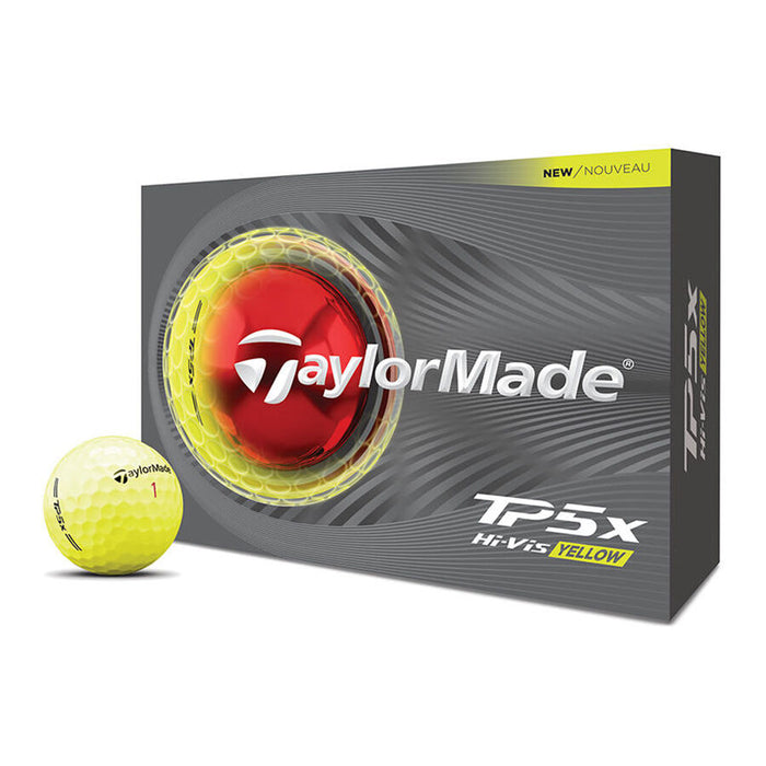 2026 TaylorMade TP5x golf ball packaging with a yellow golf ball on a white background