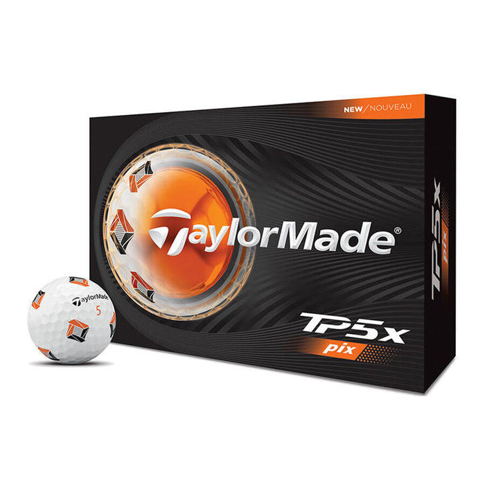 TaylorMade TP5x Pix Golf Balls 2026 packaging and an individual TP5x Pix ball in front