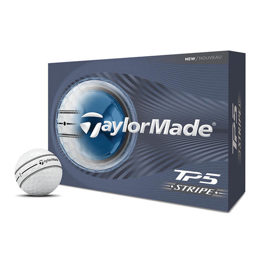 TaylorMade TP5 Stripe Golf Balls 2026. Dozen box with 1 displayed tp5 stripe in front of it