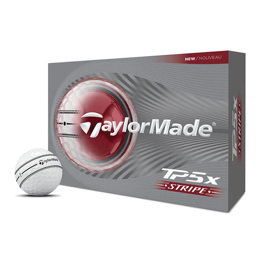 2026 TaylorMade TP5x Stripe golf ball packaging with a golf ball in front on a white background