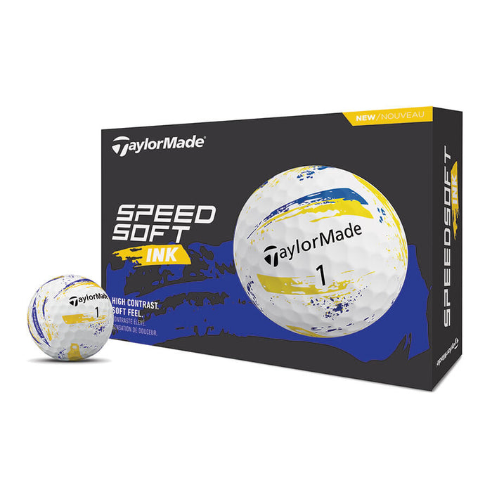 TaylorMade Speedsoft Ink Golf Balls in yellow and blue, view of the dozen packaging