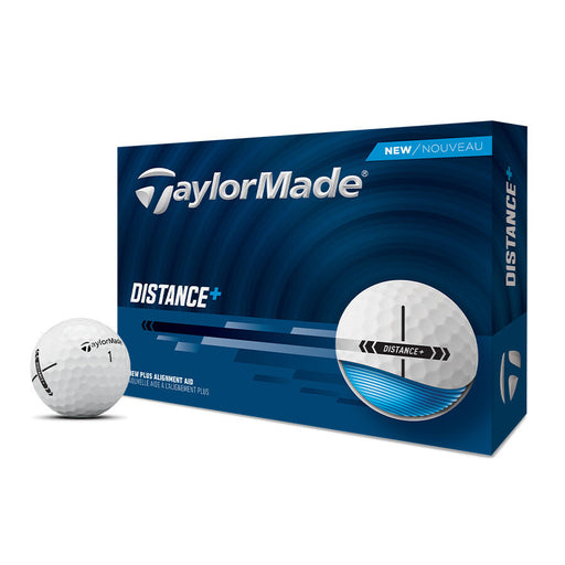 2026 TaylorMade Distance+ golf ball packaging with a golf ball in front on a white background