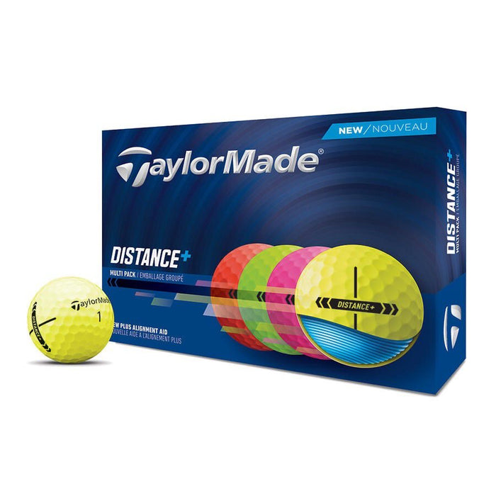 TaylorMade Distance+ multi colour pack of golf balls packaging with a yellow golf ball in front on a white background