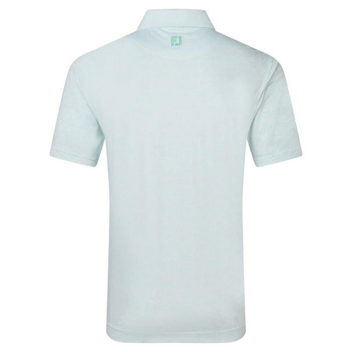 FootJoy Wingtip Floral Lisle Golf Polo Shirt in white and seaglass showing the back of the polo