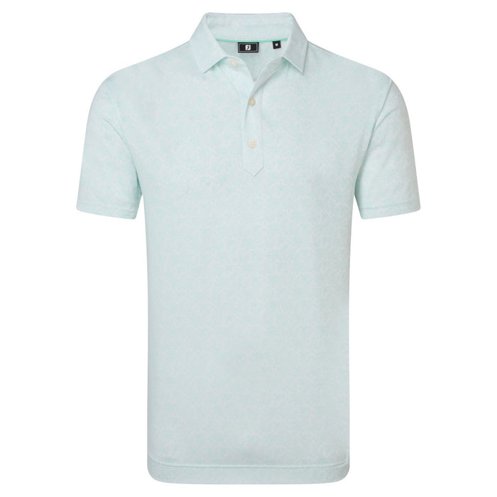 FootJoy Wingtip Floral Lisle Golf Polo Shirt in white and seglass showing front of the fj polo shirt