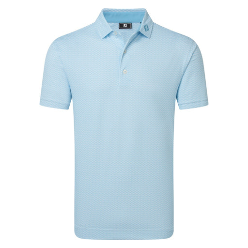 FootJoy Scallop Geo Print Pique Golf Polo Shirt in light blue showing the front