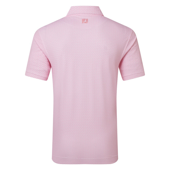 FootJoy Scallop Geo Print Pique Golf Polo Shirt in pink showing the back with tonal fj logo