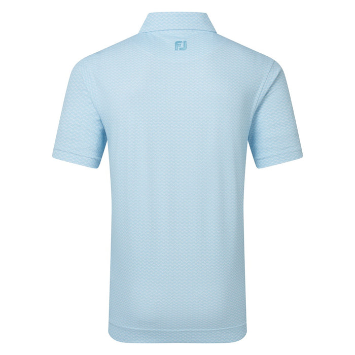 FootJoy Scallop Geo Print Pique Golf Polo Shirt in blue showing the back featuring FJ logo