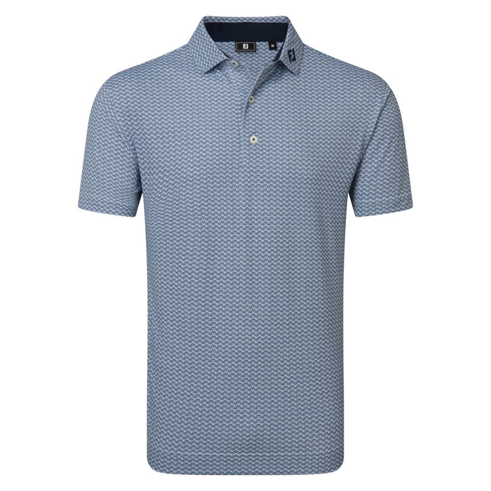 FootJoy Scallop Geo Print Pique Golf Polo Shirt in navy showing the front of the polo