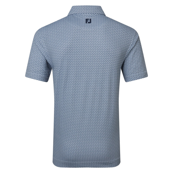 FootJoy Scallop Geo Print Pique Golf Polo Shirt in navy showing the back of the polo