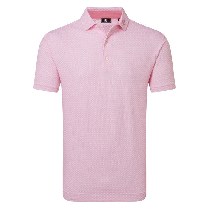 FootJoy Scallop Geo Print Pique Golf Polo Shirt in Pink pop sowing the front