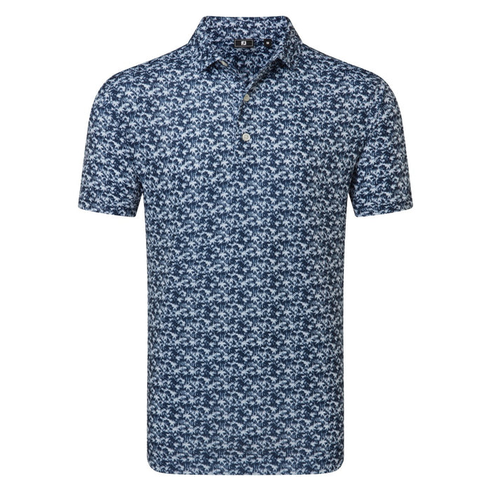 FootJoy Lisle Hidden Palm Print Golf Polo Shirt in navy with white floral pattern, showing front of polo