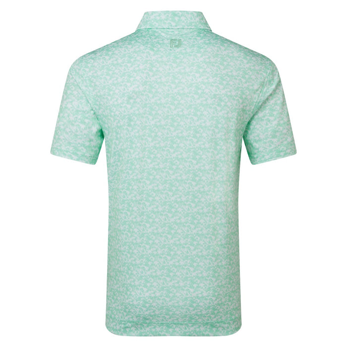 FootJoy Lisle Hidden Palm Print Golf Polo Shirt in green sand white showing back of shirt