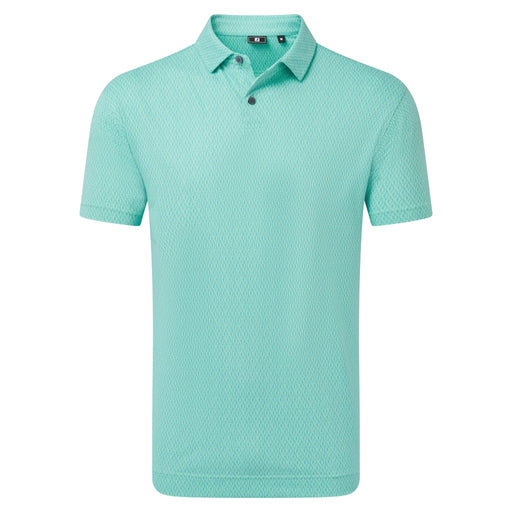 FootJoy Modernist Geo Pique Golf Polo Shirt in green and blue, front view of polo