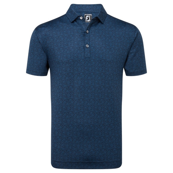 FootJoy Painted Floral Golf Polo Shirt in navy, view of the front of polo