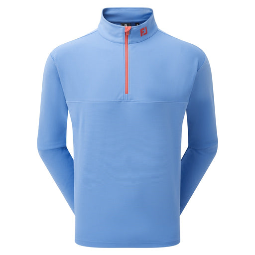 FootJoy Angled Ottoman Golf Midlayer in coastal blue showing the front with red zip