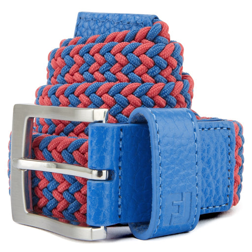 FootJoy Fashion Braided Belt 2026 in red and blue coiled up showing metal buckle