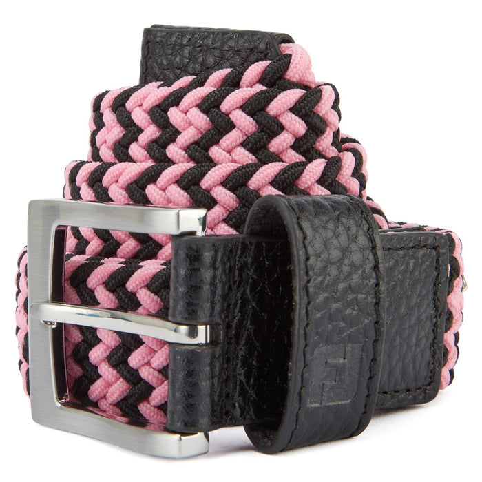 FootJoy Fashion Braided Belt 2026 in black and pink coiled up showing metal buckle