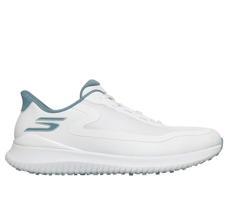 Skechers Go Golf Flight Mens Spikeless Golf Shoes in white and light blue, side of right foot