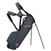TaylorMade FlexTech Carry Golf Stand Bag in grey and pink on its stand with straps up in the air