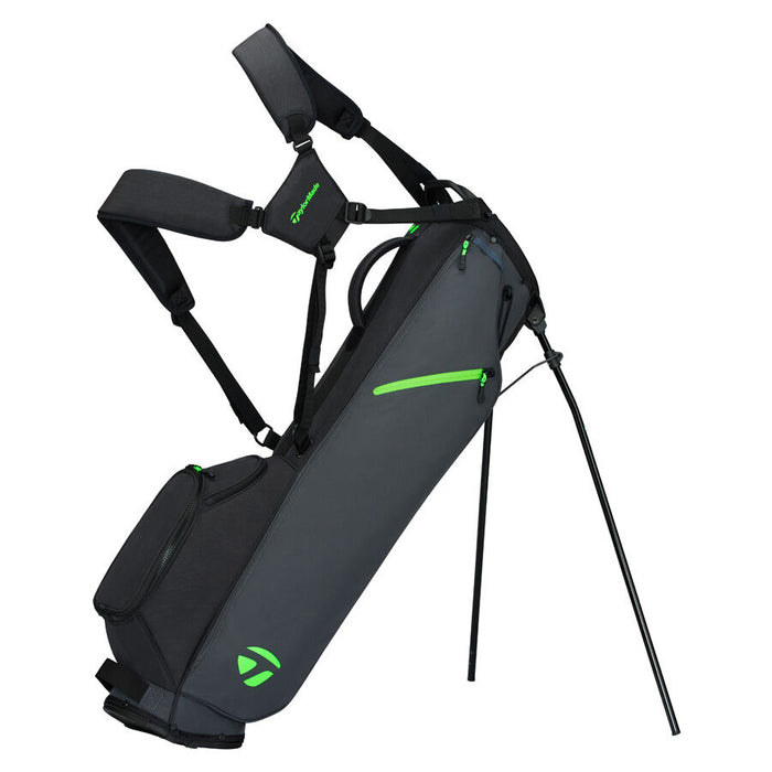 TaylorMade FlexTech Carry Golf Stand Bag in grey and green, on its stand