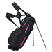 TaylorMade FlexTech Golf Stand Bag in black and pink on its stand showing the pink trim on the pockets and logo